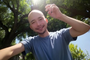 Masterpiece, top quality, high definition, artistic composition, 1 boy, upper body, composition from below, smiling, cotton shirt, looking at me, blue sky, sunlight through trees, casual, portrait, warm, reaching out,rnhg, Baldness, thinning hair