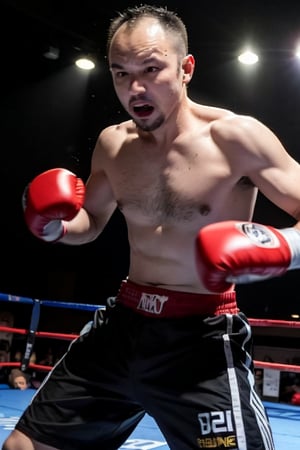 1boy, solo, brown eyes, portrait, rnhg, male kickboxer, muscular, fighting stance, intense expression, boxing gloves, shorts, sweat, action pose, gym background, dynamic lighting, motion blur, (Thinning hair baldness)