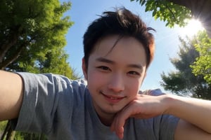 Masterpiece, top quality, high definition, artistic composition, 1 boy, upper body, composition from below, smiling, cotton shirt, looking at me, blue sky, sunlight through trees, casual, portrait, warm, reaching out,rnhg