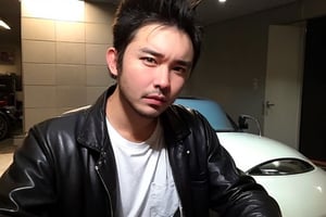 boy, solo, brown eyes, portrait, Greaser hairstyle, gelled pompadour, leather jacket, white T-shirt, rebellious attitude, vintage 1950s, sideburns, classic car, retro lighting,