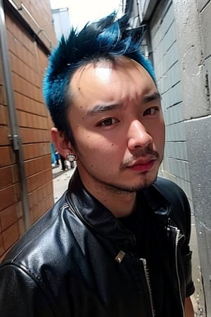 1boy, solo, brown eyes, lips, portrait,  wide forehead, rnhg , neon blue hair, dramatic mohawk, black leather jacket, colorful patches, studs, bold rings, nose piercing, graffiti-covered alleyway