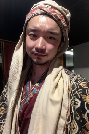 1boy, solo, brown eyes, lips, portrait,  wide forehead, rnhg , A man wearing a headscarf, traditional, cultural, ornate patterns, flowing robes, rich colors, intricate embroidery, desert, rugged, confident, timeless, ancient