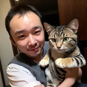 1boy, solo, brown eyes, portrait, rnhg, hugging a cat to his chest with both hands. (Thinning hair baldness)