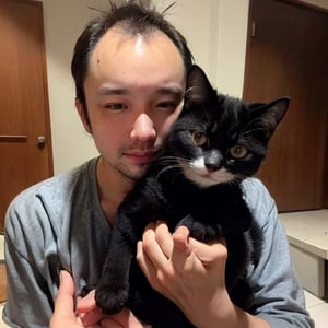 1boy, solo, brown eyes, portrait, rnhg, (8K, RAW photo, best quality, masterpiece: 1.2), high resolution raw color photo, professional photo, (realistic, realistic photo: 1.37), movie A boy hugs a cat to his chest with both hands. , (Thinning hair baldness)