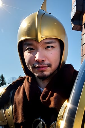 1boy, solo, brown eyes, portrait, looking at viewer, rnhg, golden armor, pose symbolizing courage, under the shining sun, paladin staring at the battlefield, sacred symbol