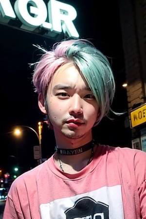 1boy, solo, brown eyes, lips, portrait,  wide forehead, rnhg , pastel pink hair, pastel green hair, messy style, oversized graphic t-shirt, choker, layered bracelets, vibrant city street, neon signs