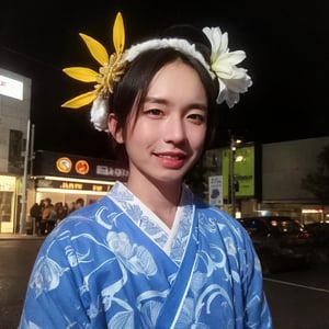 4k,best quality,masterpiece,20yo 1boy,(traditional Japanese costume, alluring smile, head ornaments 

(Beautiful and detailed eyes),
Detailed face, detailed eyes, double eyelids ,thin face, real hands, muscular fit body, semi visible abs, ((short hair locks:1.2)), black hair, black background,


real person, color splash style photo,
