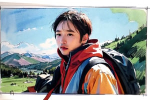 solo, looking at viewer, black hair, 1boy, closed mouth, upper body, male focus, summit, landscape, mountain range, clear sky,  backpack, windbreaker, traditional media, facing viewer, realistic, rnhg ,sketch art,watercolor,rha30,fujimotostyle, (Thinning hair baldness)