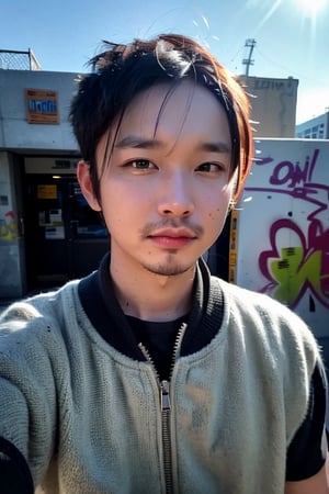 1boy, solo, brown eyes, portrait, looking at viewer, rnhg, (bobcut), 
urban setting, street fashion, confident pose, cityscape background, trendy clothing, graffiti walls