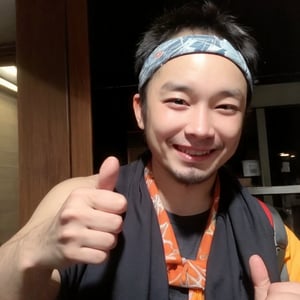 solo, smile, brown hair, 1boy, male focus, grin, headband, scar, realistic, thumbs up, Feathered Bandana