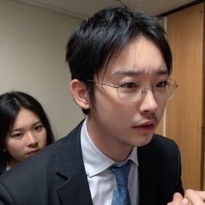 solo, looking at viewer, blonde hair, shirt, black hair, 1boy, closed mouth, white shirt, upper body, male focus, multicolored hair, necktie, glasses, collared shirt, two-tone hair, formal, suit, clenched hand, realistic