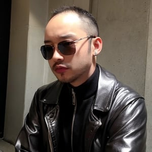 boy, solo, brown eyes, leather jacket, holographic jacket, metallic accessories, choker, sunglasses, earrings, nose ring, avant-garde fashion, ((Thinning hair baldness))