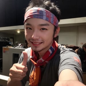 solo, smile, brown hair, 1boy, male focus, grin, headband, scar, realistic, thumbs up, Feathered Bandana