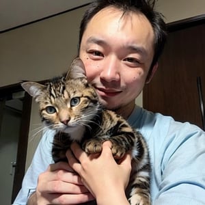 1boy, solo, brown eyes, rnhg, hugging a cat to his chest with both hands. (Thinning hair baldness), 