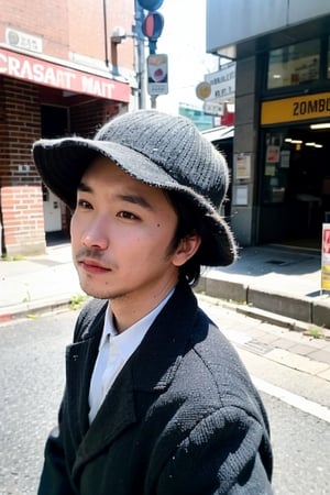 man, Portrait, hunting hat, vintage style, tweed jacket, retro background, black and white photography style, old streetscape, natural light