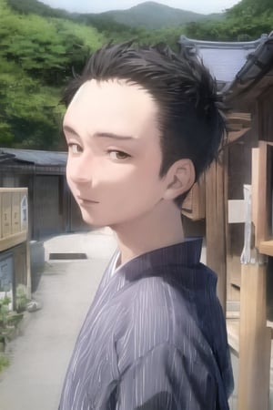 1boy, solo, looking at viewer, simple background, shirt, brown eyes, upper body, lips, portrait, (thin hair), wide forehead, short hair, rnhg,(masterpiece), scenery, ((Kyoto Animation Style))