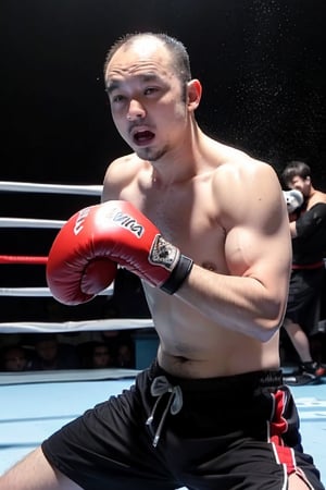 1boy, solo, brown eyes, portrait, rnhg, male kickboxer, muscular, fighting stance, intense expression, boxing gloves, shorts, sweat, action pose, gym background, dynamic lighting, motion blur, (Thinning hair baldness)