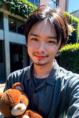 A young boy with warm brown eyes looks directly into the camera lens, his expression gentle and inviting. His light pink hair is messy and endearing, framing his heart-shaped face. He clutches a worn teddy bear in his arms, its faded fabric a testament to its importance. Wearing a crisp black collared shirt, he stands out against the lush greenery of the park, with a brilliant blue sky serving as a stunning backdrop.