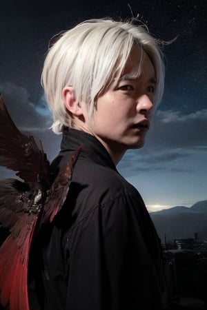 boy, solo, brown eyes, portrait, Dark seraph, male, red and black wings, intense eyes, battle-worn, night sky, ominous clouds, fierce and sorrowful, white hair