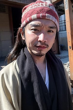 1boy, solo, brown eyes, lips, portrait,  wide forehead, rnhg , A man wearing a headscarf, traditional, cultural, ornate patterns, flowing robes, rich colors, intricate embroidery, desert, rugged, confident, timeless, ancient