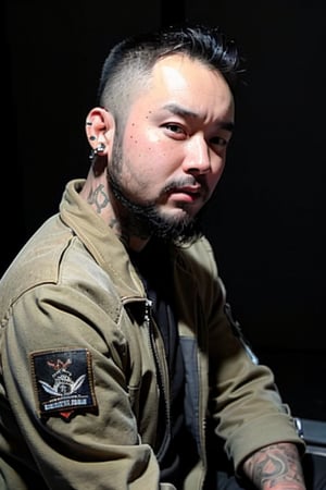 1boy, solo, brown eyes, portrait, rnhg, 
buzz cut, tattooed scalp, full beard, military jacket, ear piercings, chain wallet, knuckle tattoos,