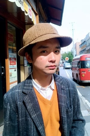 man, Portrait, hunting hat, vintage style, tweed jacket, retro background, black and white photography style, old streetscape, natural light