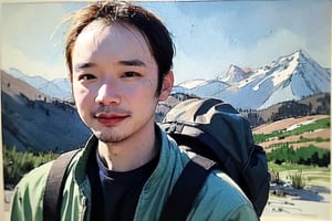 solo, looking at viewer, black hair, 1boy, closed mouth, upper body, male focus, summit, landscape, mountain range, clear sky,  backpack, windbreaker, traditional media, facing viewer, realistic, rnhg ,sketch art,watercolor,rha30,fujimotostyle, (Thinning hair baldness)