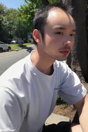 solo, looking at viewer, shirt, black hair, 1boy, jewelry, white shirt, upper body, short sleeves, male focus, outdoors, day, black eyes, bracelet, tree, realistic, bead bracelet, photo background, Thinning hair baldness