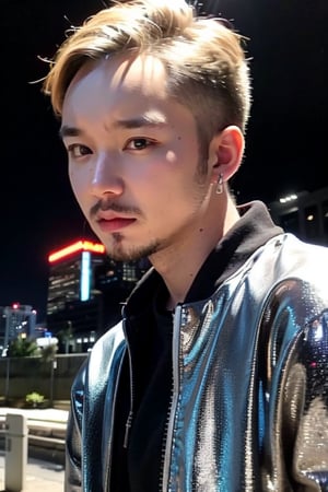 1boy, solo, brown eyes, lips, portrait,  wide forehead, rnhg , platinum blonde hair, sleek undercut, metallic bomber jacket, fingerless gloves, bold earrings, high-tech cityscape