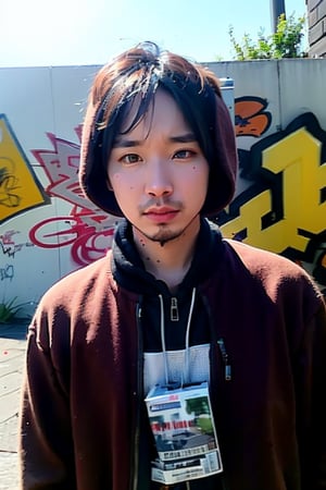 1boy, solo, brown eyes, portrait, looking at viewer, rnhg, (bobcut), 
urban setting, street fashion, confident pose, cityscape background, trendy clothing, graffiti walls