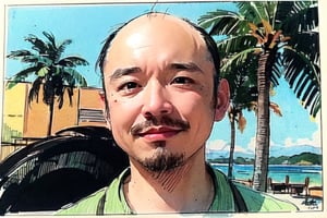 solo, looking at viewer, black hair, 1boy, closed mouth, upper body, male focus,, aloha shirt, palm trees, sandy beach, traditional media, facing viewer, realistic, rnhg ,sketch art,watercolor,rha30,fujimotostyle, (Thinning hair baldness)