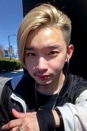 1boy, solo, brown eyes, lips, portrait,  wide forehead, rnhg , platinum blonde hair, sleek undercut, metallic bomber jacket, fingerless gloves, bold earrings, high-tech cityscape