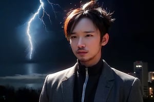 (masterpiece, high quality:1.5), (8K, HDR), masterpiece, best quality, 1boy, solo, upper body, FuturEvoLab style, black background, FuturEvoLab-Androgynous male, FuturEvoLabStyle:1.5, Thunder Flash, Lightning aura, Lightning, 