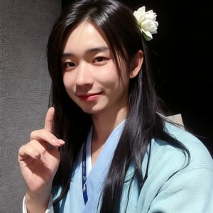 4k,best quality,masterpiece,20yo 1boy,(traditional Japanese costume, alluring smile, head ornaments 

(Beautiful and detailed eyes),
Detailed face, detailed eyes, double eyelids ,thin face, real hands, muscular fit body, semi visible abs, ((short hair with long locks:1.2)), black hair, black background,


real person, color splash style photo,
