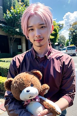 1boy, solo, brown eyes, portrait, looking at viewer, rnhg, ((Light pink hair)), holding a teddy bear, black collared shirt, park, blue sky