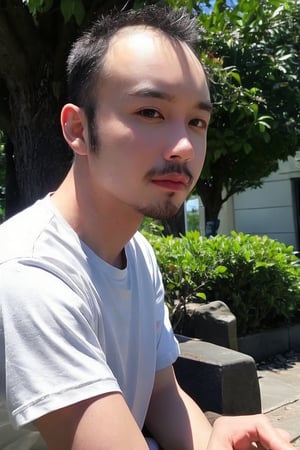 solo, looking at viewer, shirt, black hair, 1boy, jewelry, white shirt, upper body, short sleeves, male focus, outdoors, day, black eyes, bracelet, tree, realistic, bead bracelet, photo background, Thinning hair baldness