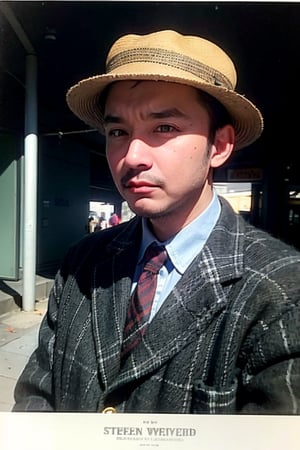 man, Portrait, hunting hat, vintage style, tweed jacket, retro background, black and white photography style, old streetscape, natural light