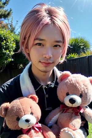 1boy, solo, brown eyes, portrait, looking at viewer, rnhg, ((Light pink hair)), holding a teddy bear, black collared shirt, park, blue sky