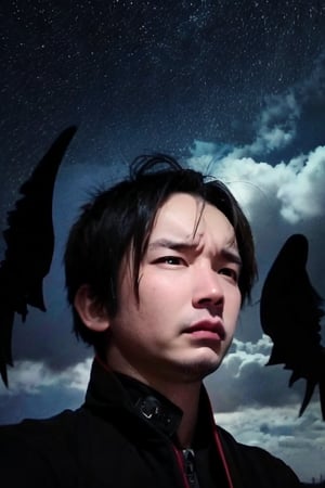 boy, solo, brown eyes, portrait, Dark seraph, male, red and black wings, intense eyes, battle-worn, night sky, ominous clouds, fierce and sorrowful, white hair