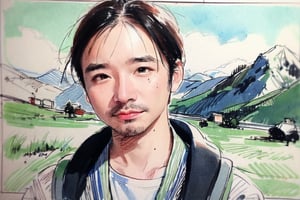 solo, looking at viewer, black hair, 1boy, closed mouth, upper body, male focus,, summit, landscape, mountain range, clear sky,  backpack, windbreaker, traditional media, facing viewer, realistic, rnhg ,sketch art,watercolor,rha30,fujimotostyle, (Thinning hair baldness)