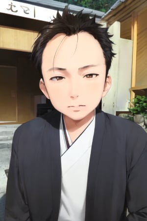 1boy, solo, looking at viewer, simple background, shirt, brown eyes, upper body, lips, portrait, (thin hair), wide forehead, short hair, rnhg,(masterpiece), scenery, ((Kyoto Animation Style))