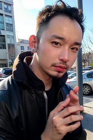 1boy, solo, brown eyes, lips, portrait,  wide forehead, rnhg , platinum blonde hair, sleek undercut, metallic bomber jacket, fingerless gloves, bold earrings, high-tech cityscape