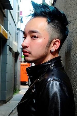 1boy, solo, brown eyes, lips, portrait,  wide forehead, rnhg , neon blue hair, dramatic mohawk, black leather jacket, colorful patches, studs, bold rings, nose piercing, graffiti-covered alleyway
