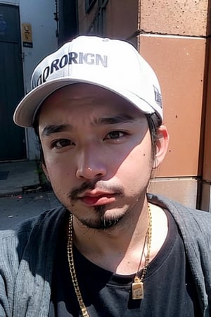 1boy, solo, brown eyes, lips, portrait, rnhg, Hip Hop, Graphic T-shirt, Gold Chains, Baseball Cap, Urban Graffiti Background, Confident Pose, Street Art