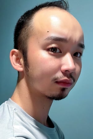 1boy, solo, looking at viewer, indigo blue background, shirt, brown eyes, upper body, lips, portrait, (thin hair), wide forehead, little bald, short hair, rnhg,