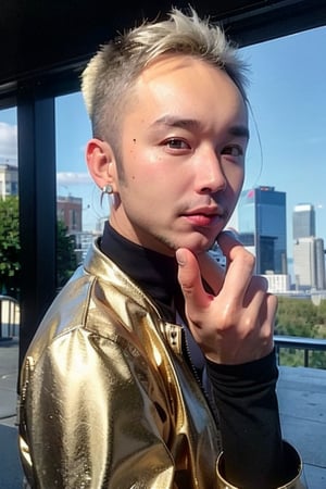 1boy, solo, brown eyes, lips, portrait,  wide forehead, rnhg , platinum blonde hair, sleek undercut, metallic bomber jacket, fingerless gloves, bold earrings, high-tech cityscape