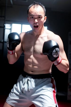 1boy, solo, brown eyes, portrait, rnhg, male kickboxer, muscular, fighting stance, intense expression, boxing gloves, shorts, sweat, action pose, gym background, dynamic lighting, motion blur, (Thinning hair baldness)