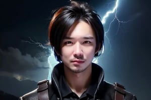 (masterpiece, high quality:1.5), (8K, HDR), masterpiece, best quality, 1boy, solo, upper body, FuturEvoLab style, black background, FuturEvoLab-Androgynous male, FuturEvoLabStyle:1.5, Thunder Flash, Lightning aura, Lightning, 