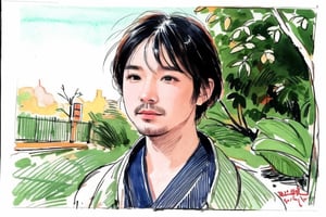 solo, looking at viewer, black hair, 1boy, closed mouth, upper body, male focus, japanese clothes, tree, leaf, traditional media, facing viewer, realistic, rnhg ,sketch art,watercolor,rha30,fujimotostyle, (Thinning hair baldness)