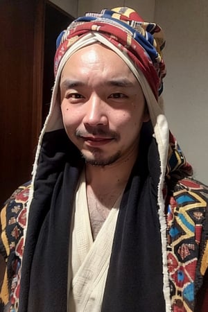 1boy, solo, brown eyes, lips, portrait,  wide forehead, rnhg , A man wearing a headscarf, traditional, cultural, ornate patterns, flowing robes, rich colors, intricate embroidery, desert, rugged, confident, timeless, ancient